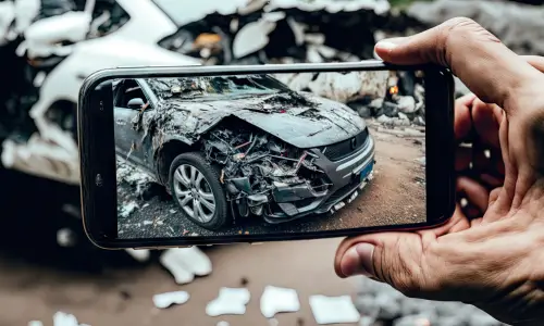 A driver documenting a car accident for the purpose of an insurance claim.