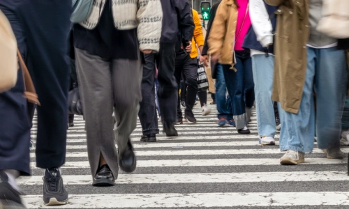 A large crowd of pedestrians going across a road.
