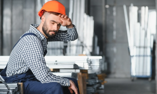 A hardhat worker wiping his forehead and resting during a work shift in a warehouse.