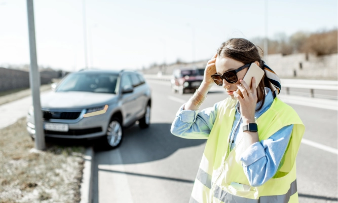 A woman in a safety vest calling for help after a car accident on a major highway.