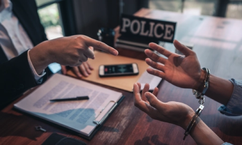 Police officer interrogating a handcuffed individual across a desk, highlighting potential excessive force and civil rights violations during an arrest.